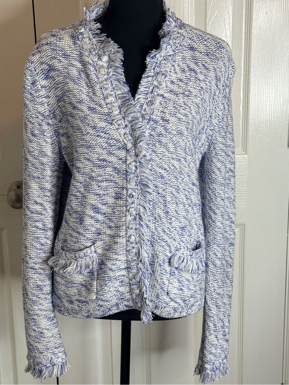 J.McLaughlin Simone Blue Tweed Fringe Hook-Eye Cardigan Jacket M EUC